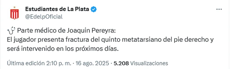 El parte m&eacute;dico de Estudiantes sobre la lesi&oacute;n de Joaqu&iacute;n Pereyra