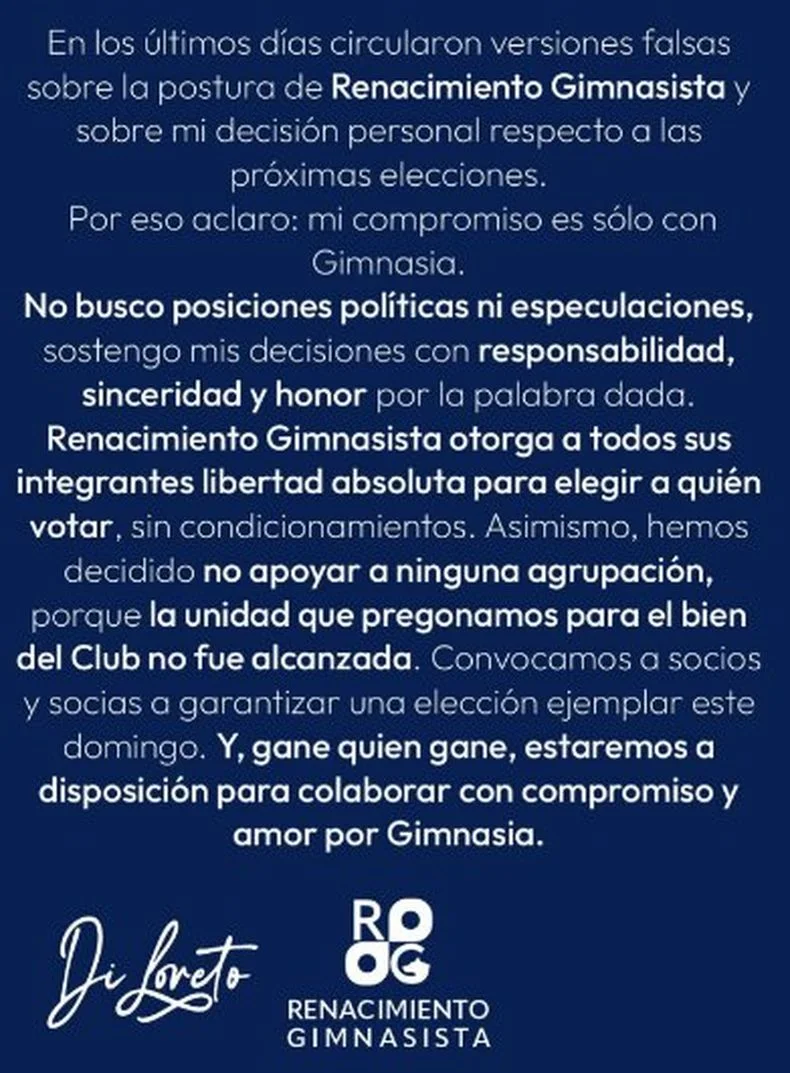 El comunicado de Emanuel Di Loreto y Renacimiento Gimnasista&nbsp;previo a las elecciones en Gimnasia