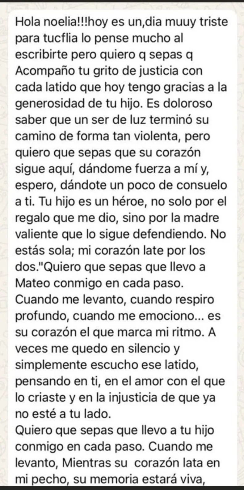 El mensaje completo a la madre de Mateo Yagame
