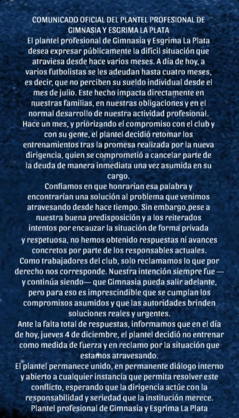 El comunicado que los futbolistas de Gimnasia difundieron en redes sociales