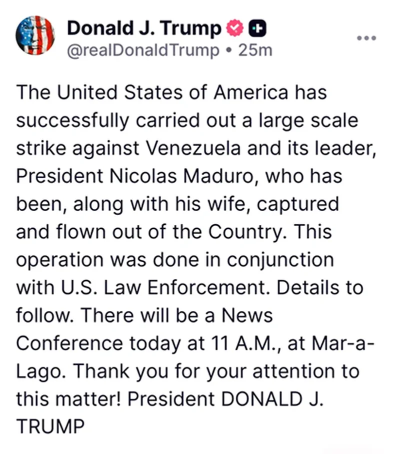Donald Trump afirma que Nicolás Maduro fue capturado en Venezuela