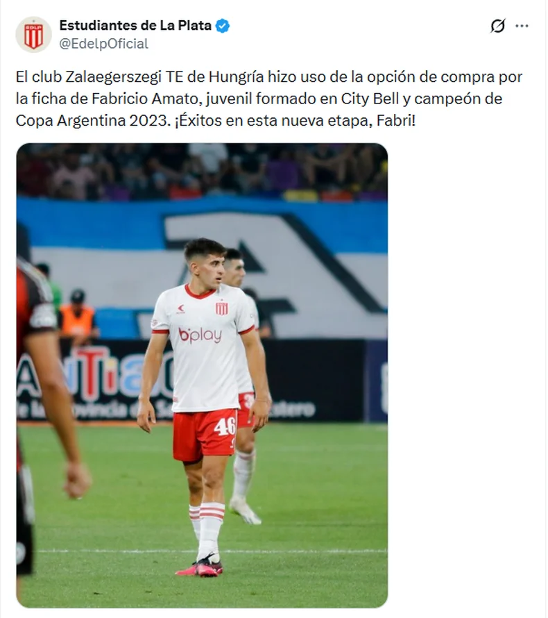 Estudiantes inform&oacute; la venta del juvenil Fabricio Amato a Europa
