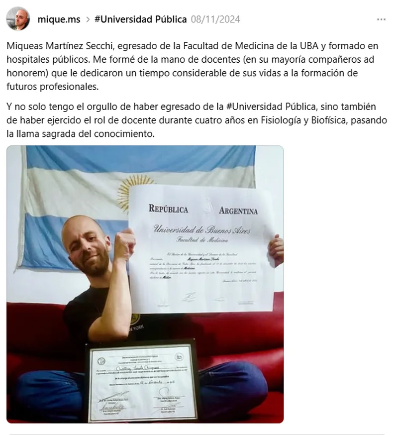 Una publicaci&oacute;n del m&eacute;dico antisemita del Hospital San Mart&iacute;n en sus redes sociales.