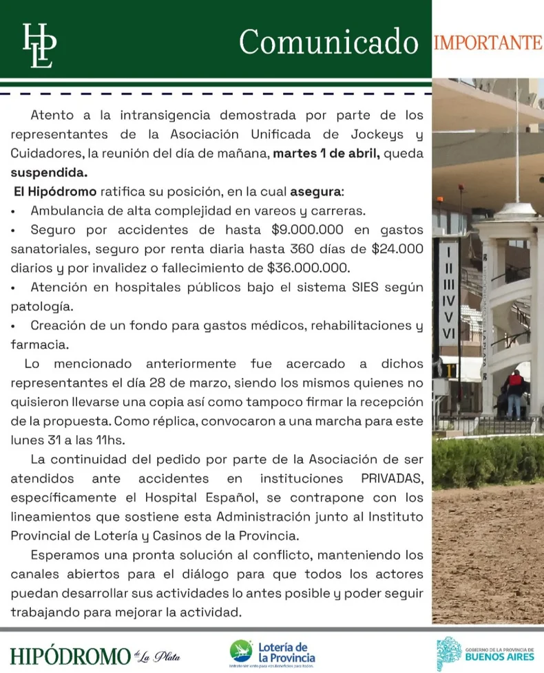 El escrito que lanzó la administración del Hipódromo de La Plata