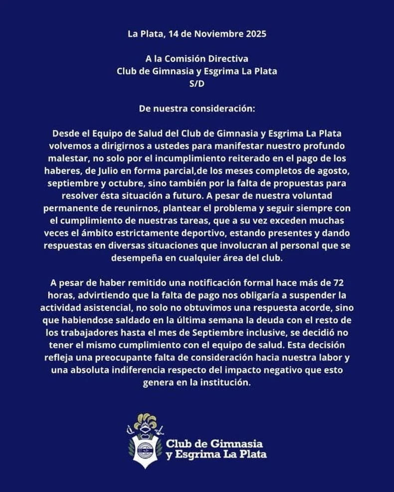 El duro comunicado del &aacute;rea de salud de Gimnasia