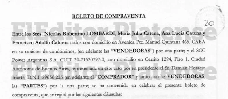 Boleto de compraventa donde figura el nombre de Cabrera como uno de los vendedores del terreno que adquirió SCC Power