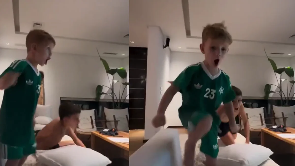 El alocado festejo de Bautista, el hijo de Cami Homs y Rodrigo de Paul, tras la victoria de Estudiantes
