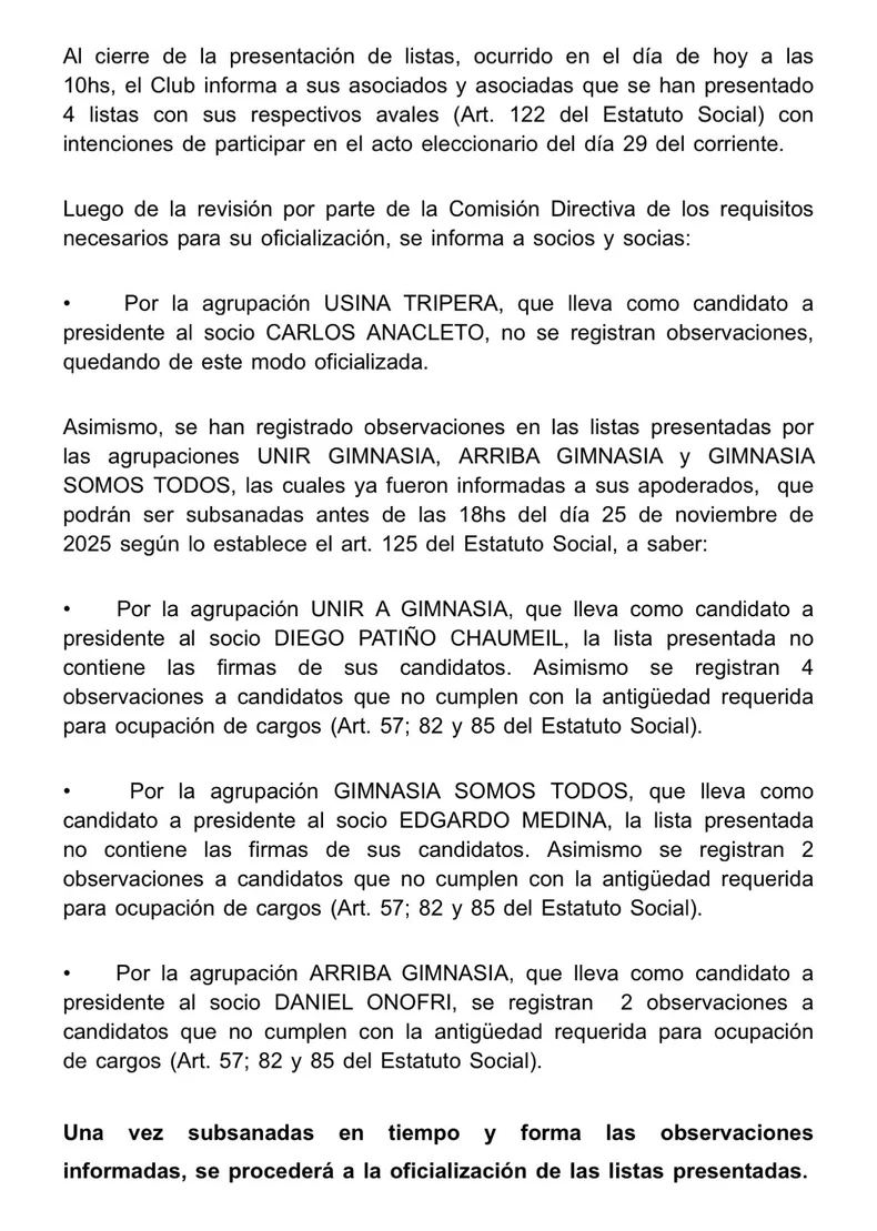 Gimnasia inform&oacute; a sus socios que solo una lista cumpli&oacute; con los requisitos de cara a las elecciones