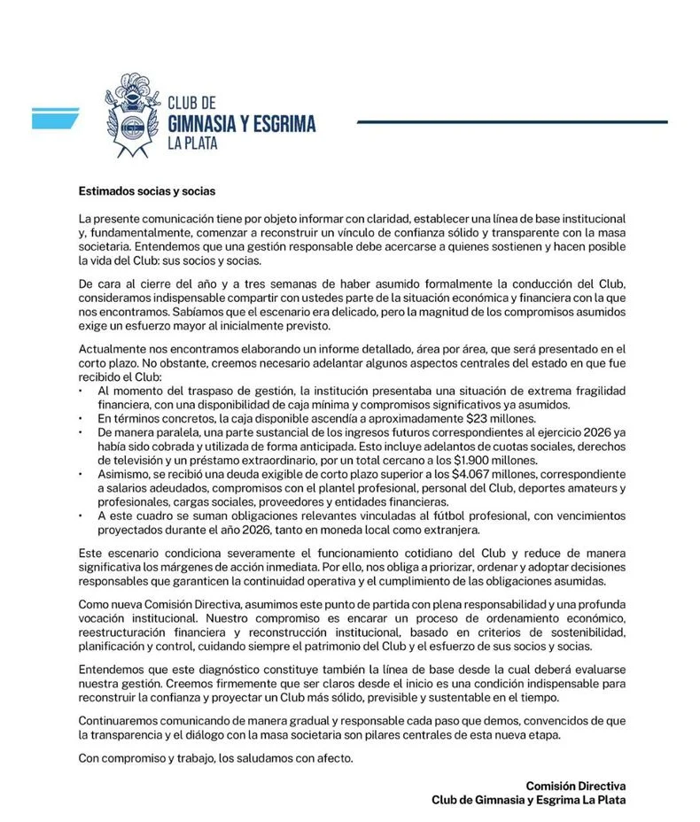 La CD de Carlos Anacleto expuso la delicada situaci&oacute;n financiera que Gimnasia hered&oacute; de la gesti&oacute;n de Mariano Cowen