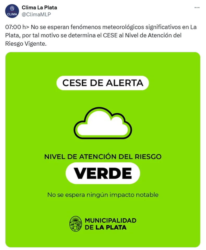 La Municipalidad de La Plata confirm&oacute; el cese del alerta en la regi&oacute;n