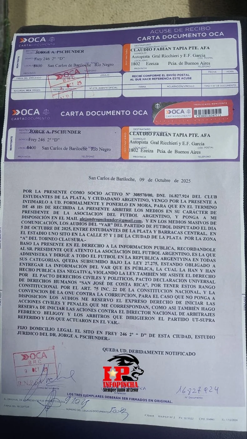 Un hincha de Estudiantes envió una carta documento a Claudio Tapia
