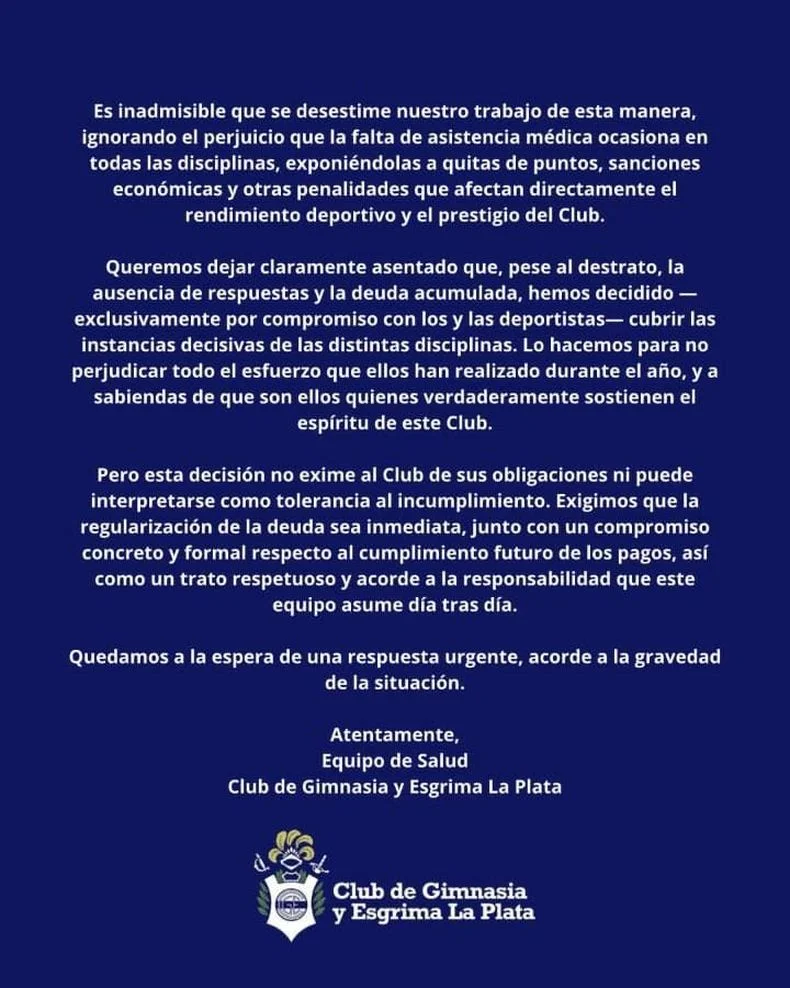 El duro comunicado del &aacute;rea de salud de Gimnasia