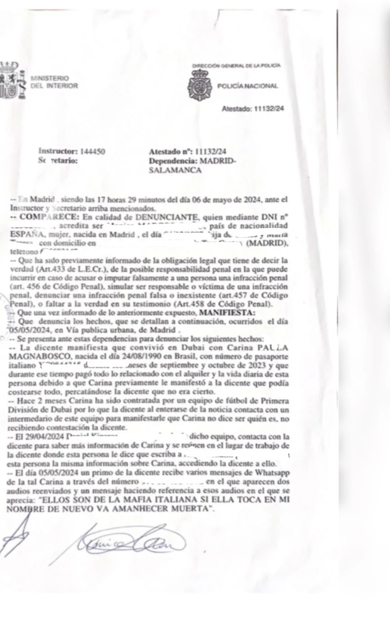 Una de las denuncias radicadas por Carina Magnabosco en Espa&ntilde;a. Fue dada a conocer por una periodista local
