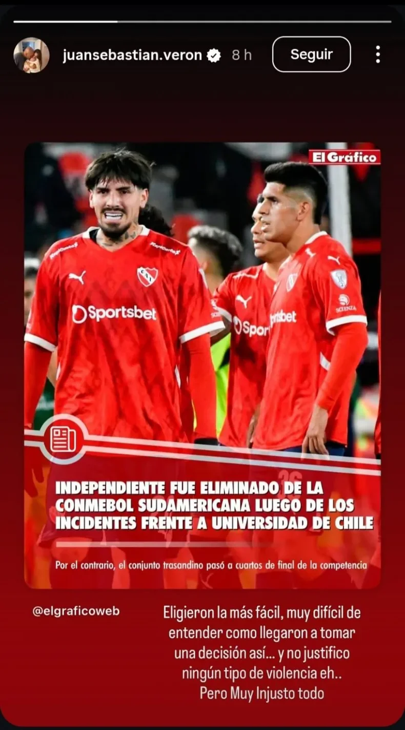 Juan Sebasti&aacute;n Ver&oacute;n critic&oacute; a la CONMEBOL por el fallo contra Independiente