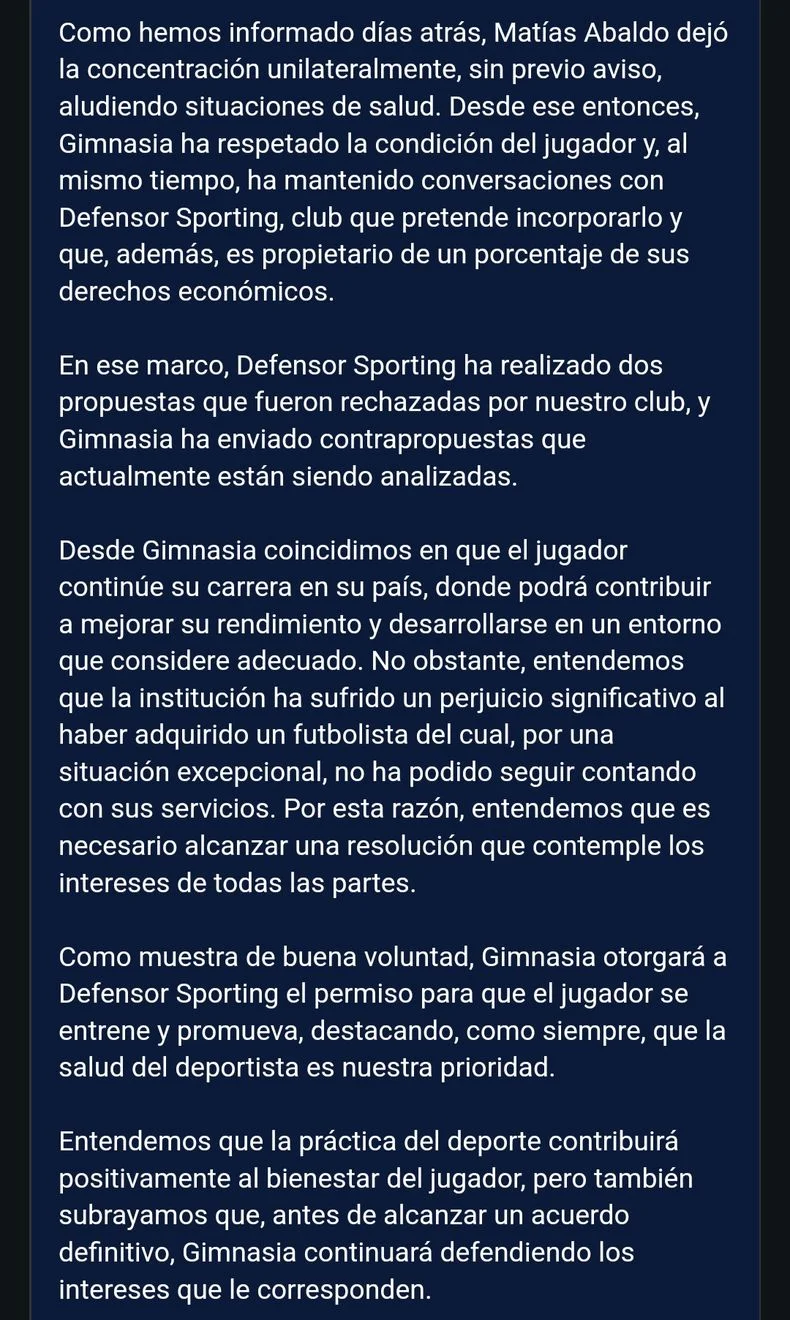 El comunicado de Gimnasia por la situaci&oacute;n de Mat&iacute;as Abaldo