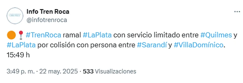 El Tren Roca funciona con recorrido limitado entre La Plata y Quilmes