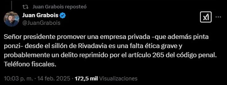 Grabois critic&oacute; duramente a Javier Milei por la irresponsable promoci&oacute;n de $LIBRA