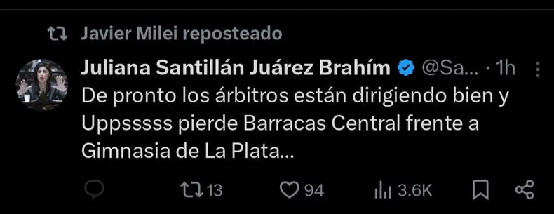 El mensaje de Juliana Santill&aacute;n apoyando a Estudiantes de La Plata
