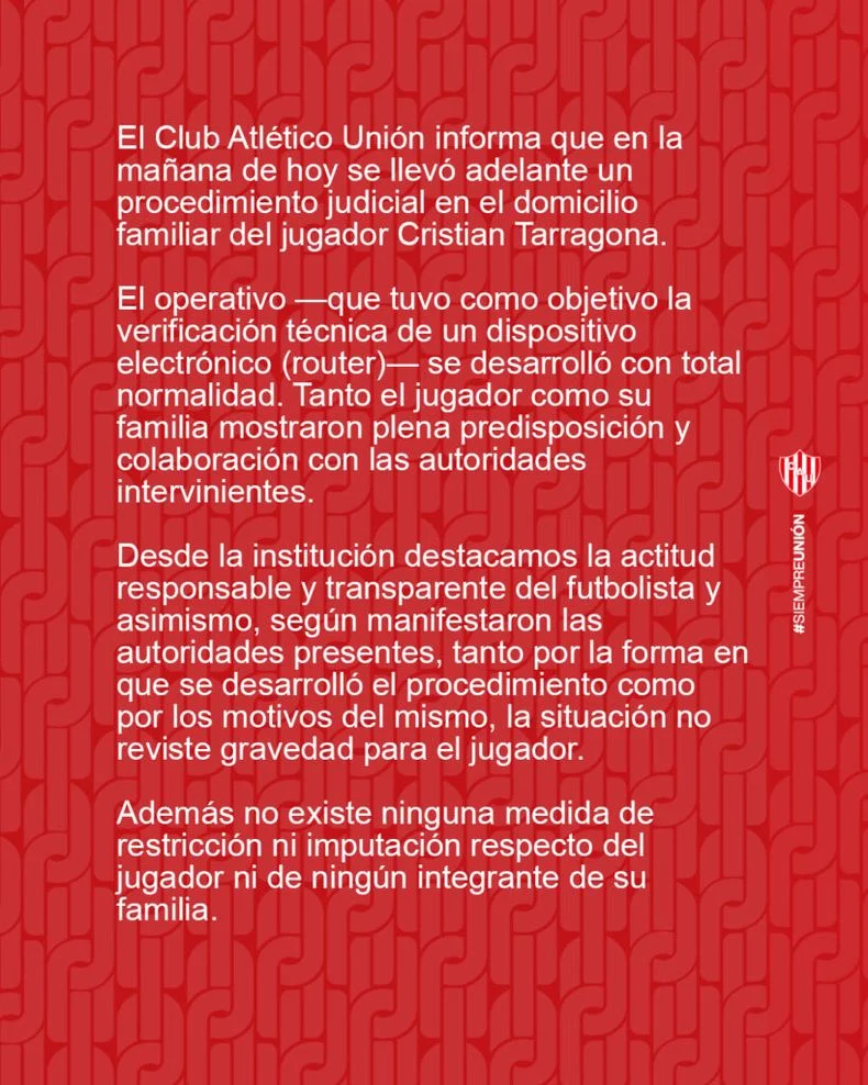 El comunicado de Uni&oacute;n de Santa Fe por la situaci&oacute;n de Cristian Tarragona