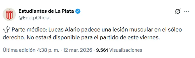 Estudiantes confirm&oacute; la lesi&oacute;n de Lucas Alario que ser&aacute; baja en el equipo de Alexander Medina