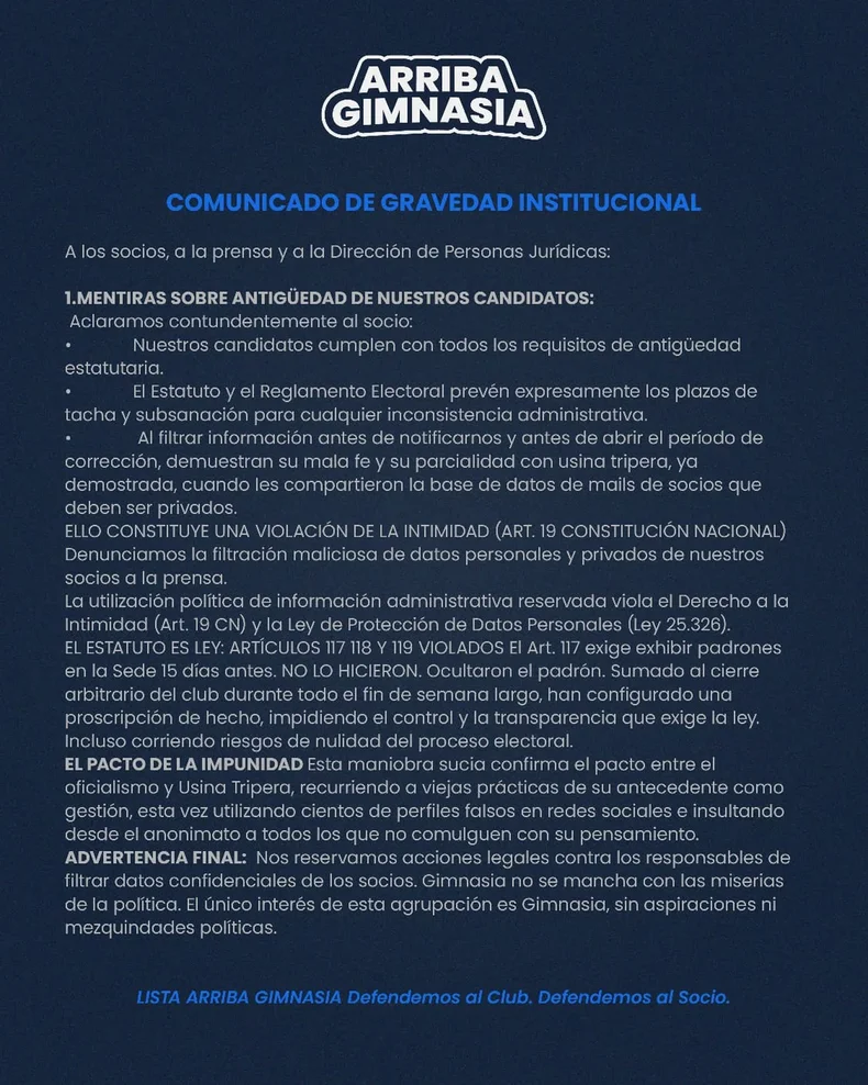 El comunicado de la agrupaci&oacute;n Arriba Gimnasia, de Daniel Onofri
