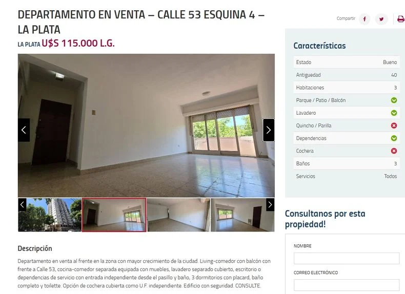 Captura de pantalla de la venta de un departamento en el edificio donde posee el suyo Manuel Adorni
