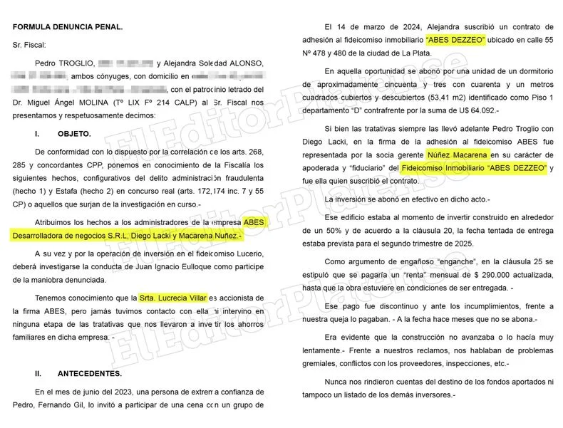 La denuncia de Pedro Troglio a ABES Desarrolladora en La Plata