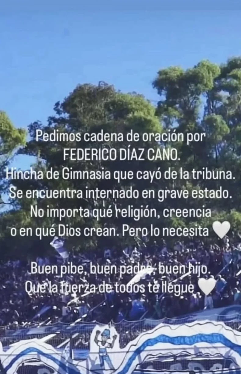 Pedido de oraci&oacute;n por el hincha de Gimnasia herido tras caer de las tribunas
