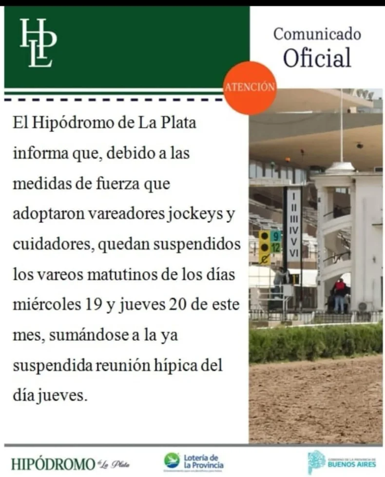 El anuncio de la suspensi&oacute;n en el Hip&oacute;dromo de La Plata