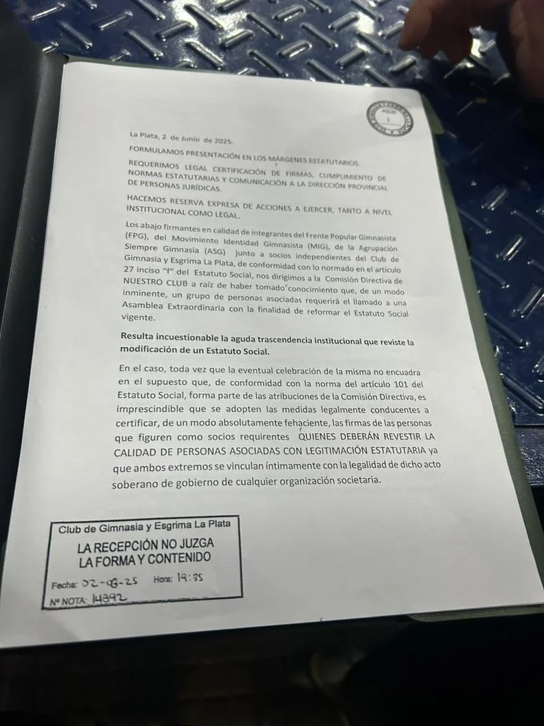 el pedido presentado por agrupaciones y filiales de Gimnasia