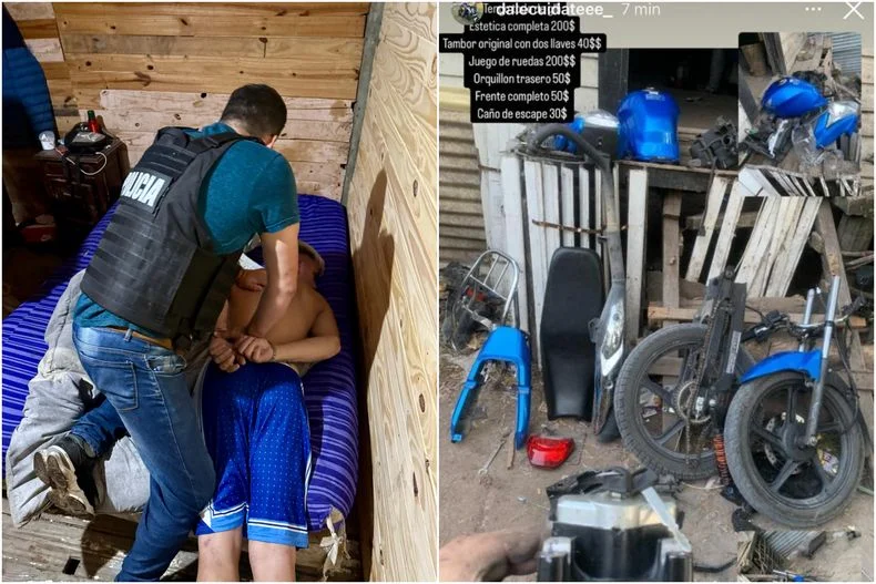 Uno de los detenidos y partes de una moto robada que pon&iacute;an a la venta