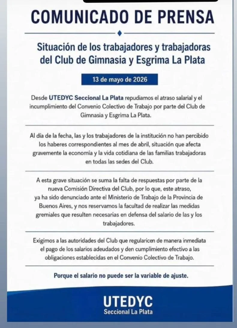 El comunicado de UTEDYC por la falta del pago de sueldos de los empleados de Gimnasia