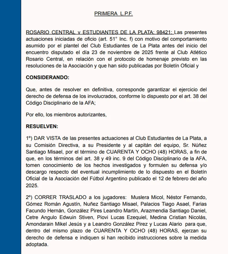 Estudiantes tiene 48 horas para pronunciarse ante la posible sanci&oacute;n de la AFA
