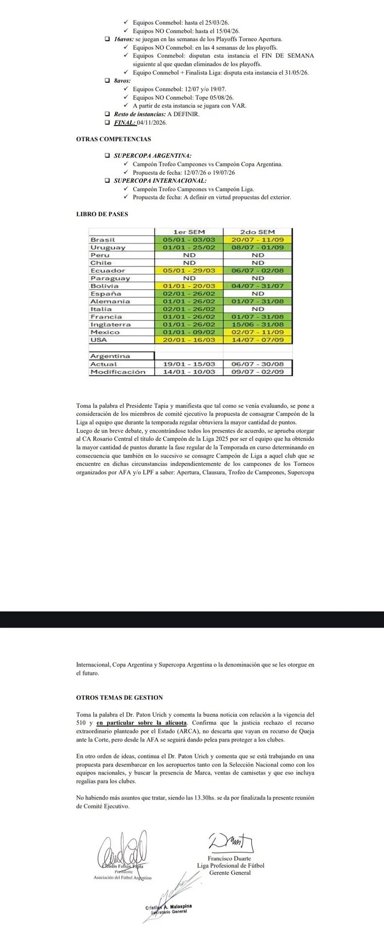El acta de la AFA que confirma que no hubo objeciones en la reunión de Comité Ejecutivo