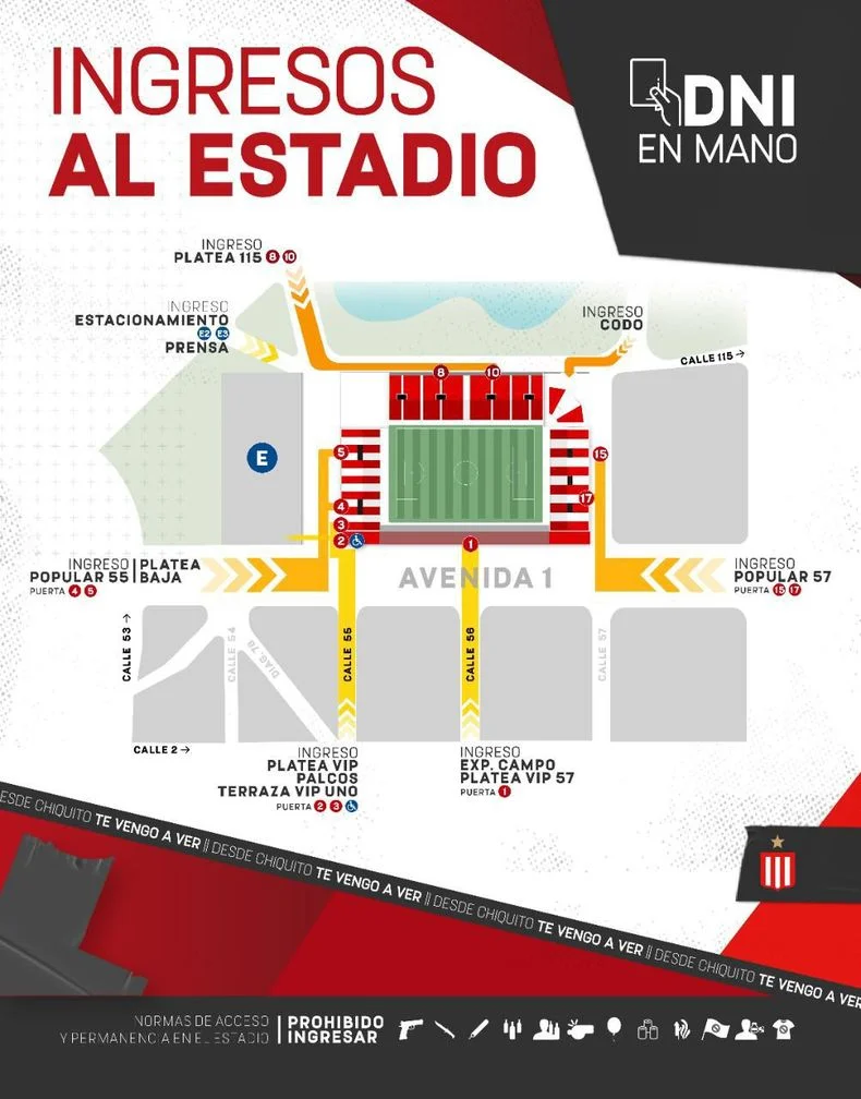 Mapa de los ingresos al Estadio UNO de cara al partido de Estudiantes