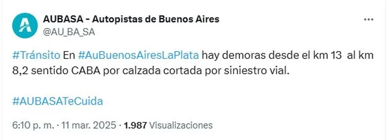 Demoras en la Autopista Buenos Aires - La Plata, sentido a CABA