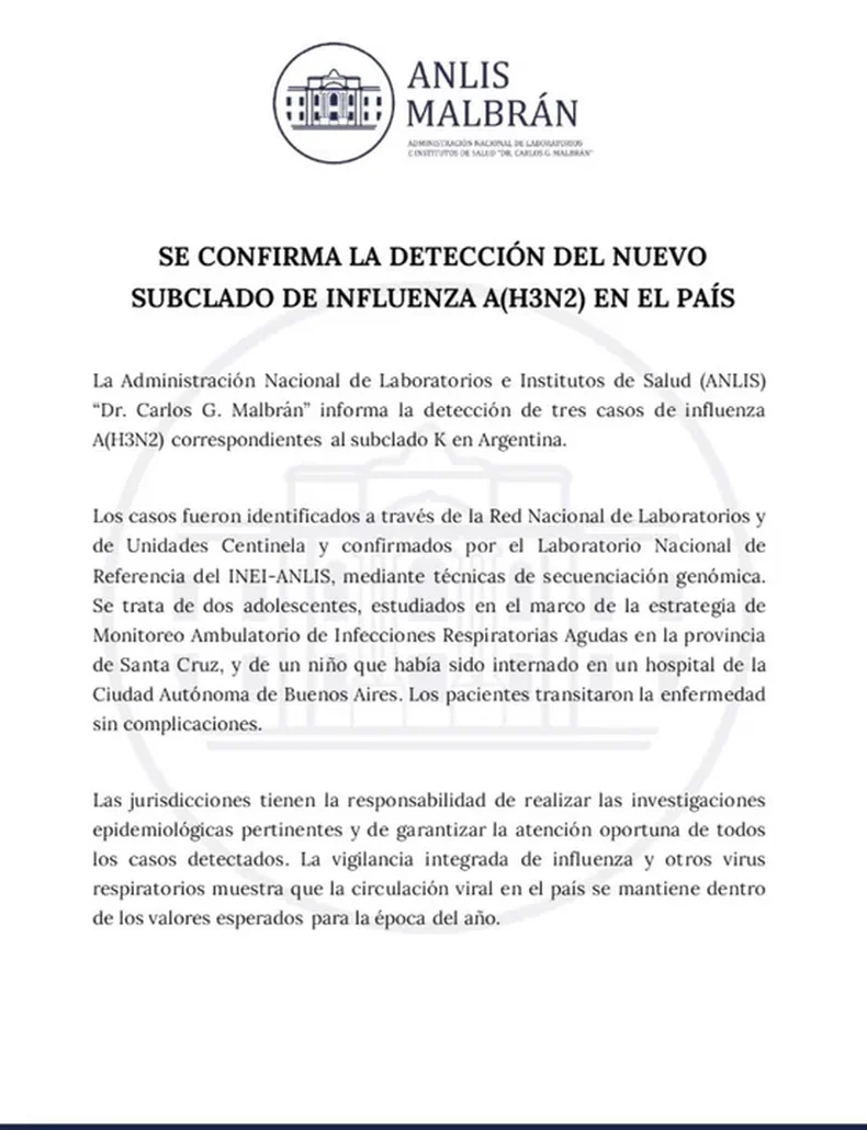 El comunicado del Malbrán sobre la influenza A (H3N2)