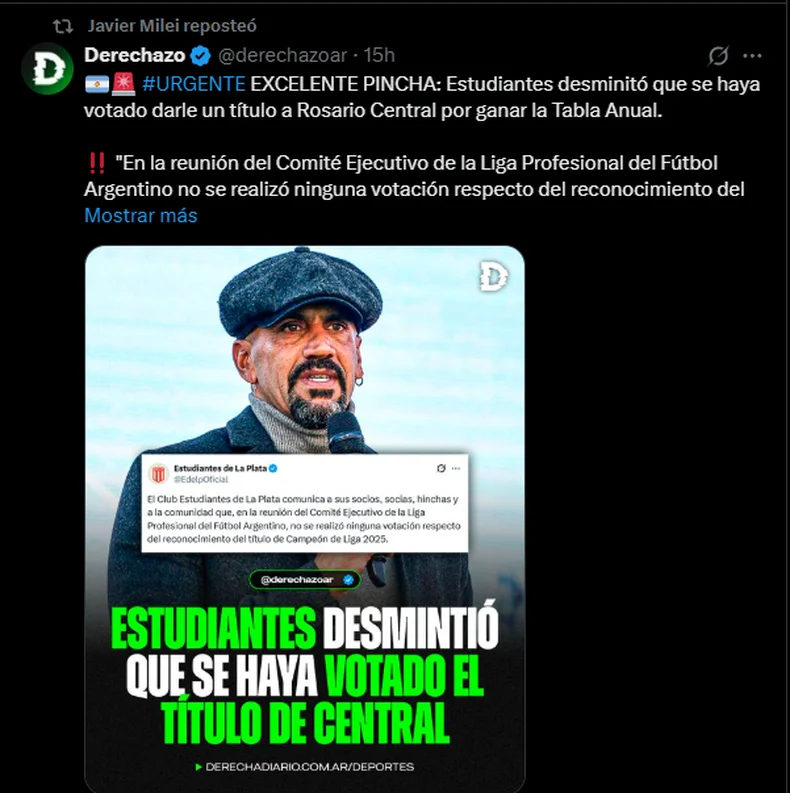El tuit que reposte&oacute; Milei.