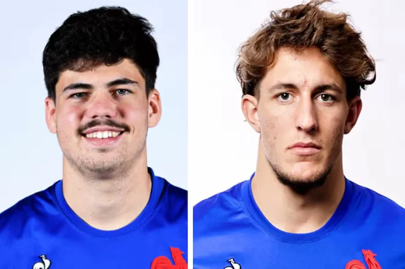 Oscar Jégou y Hugo Auradou, rugbiers franceses.