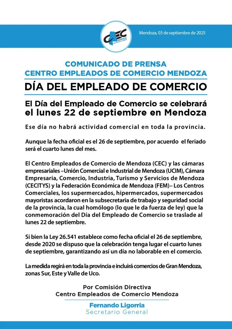 El comunicado oficial sobre el D&iacute;a del Empleado de Comercio.