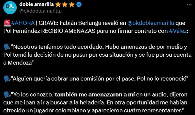 La amenaza de Pol Fern&aacute;ndez antes de firmar con V&eacute;lez.