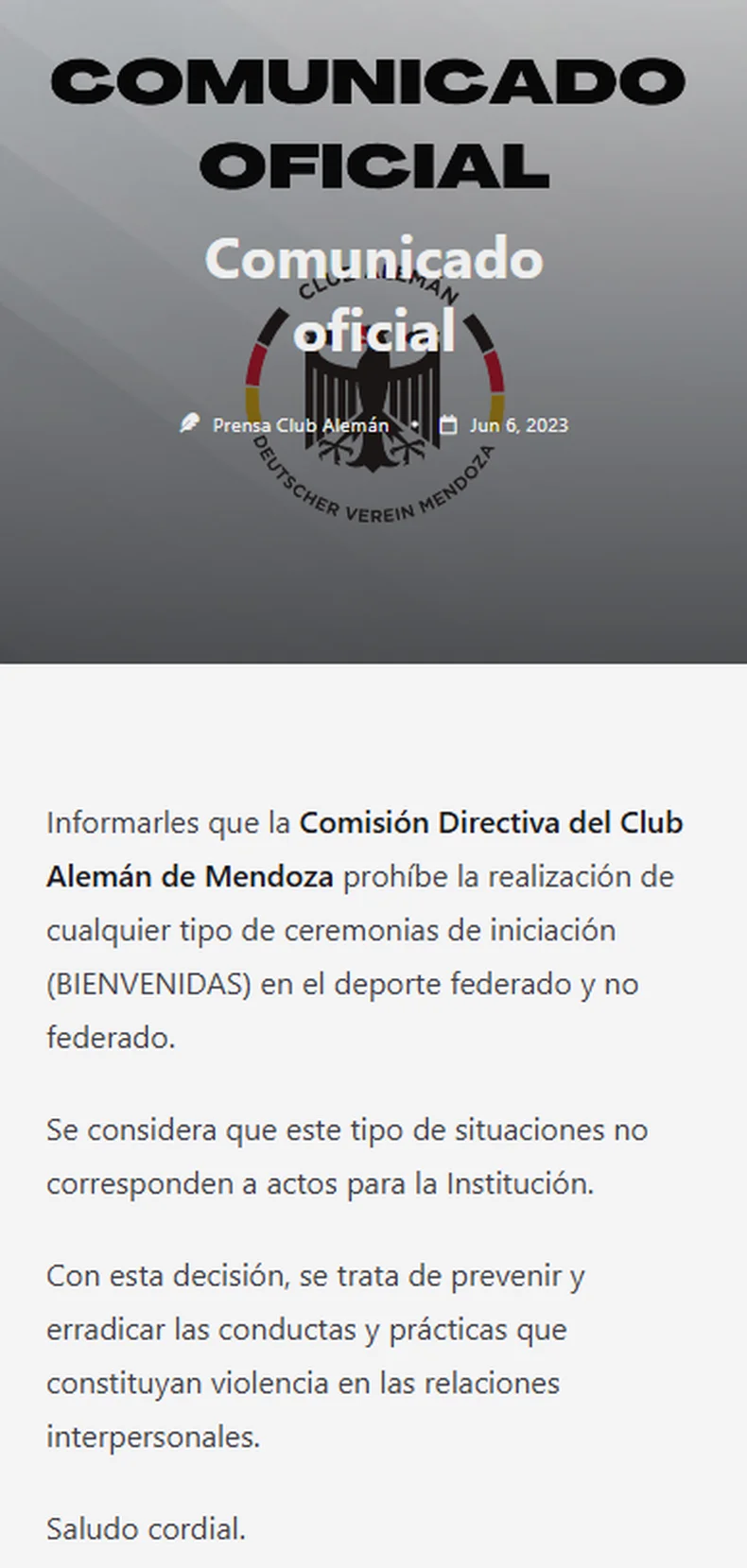 El comunicado de Alemán, semanas después de los hechos.
