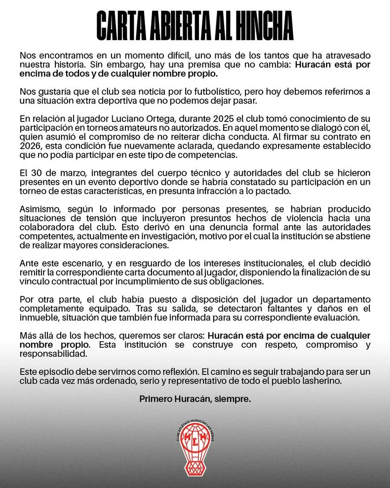 El comunicado de Hurac&aacute;n Las Heras.