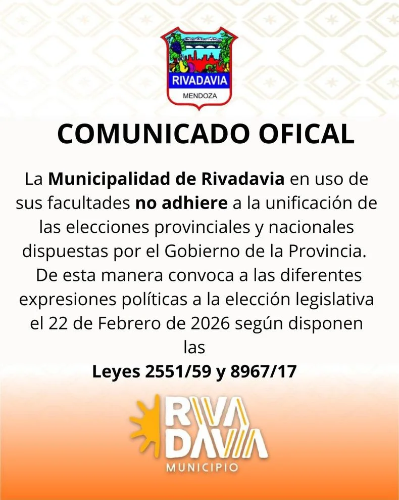 El comunicado de la Municipalidad de Rivadavia por las elecciones.&nbsp;