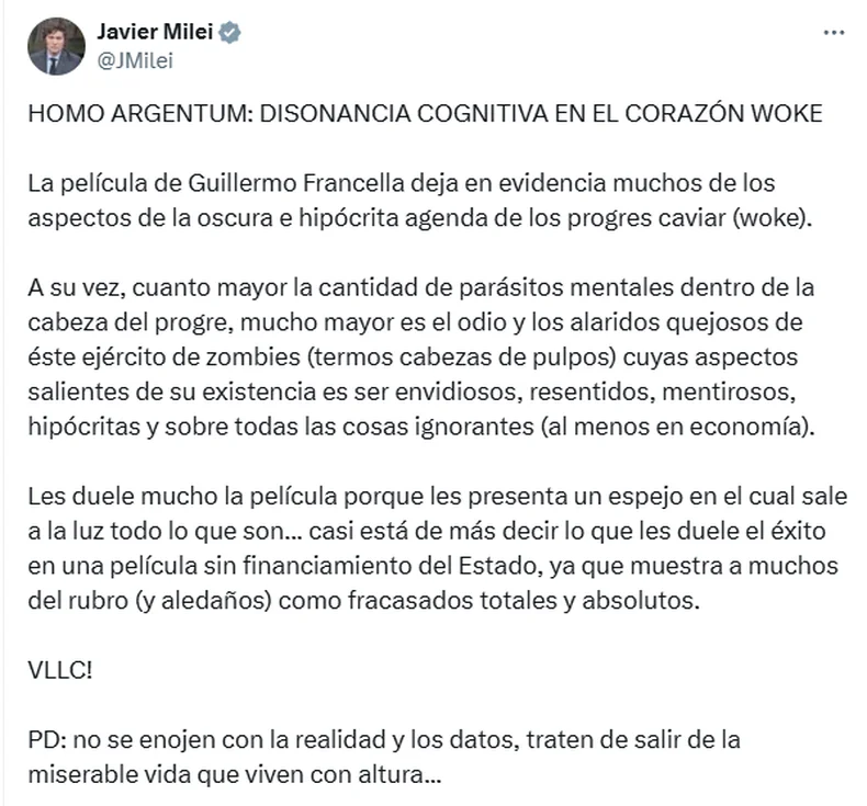 El mensaje de Javier Milei sobre la pel&iacute;cula de Guillermo Francella.&nbsp;