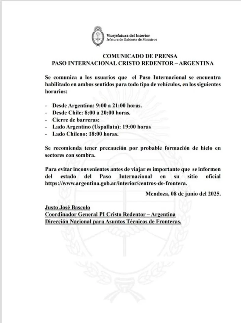 El informe para cruzar a Chile que involucra al Paso Internacional Los Libertadores.&nbsp;