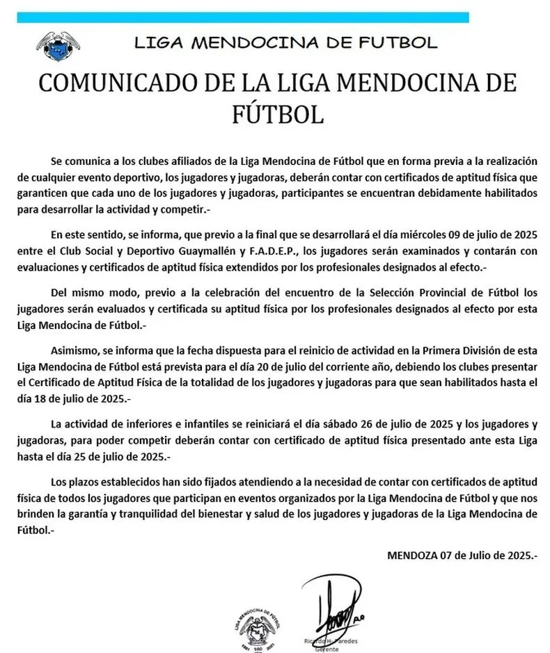 El comunicado de Liga Mendocina.