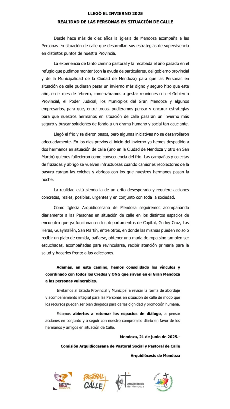 Con duros p&aacute;rrafos, la Iglesia critic&oacute; al Gobierno y los municipios por las personas en situaci&oacute;n de calle.&nbsp;