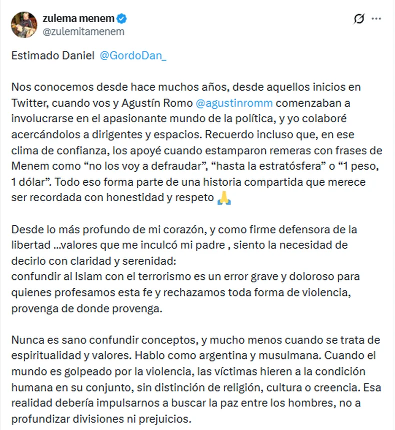 La dura respuesta de Zulemita Menem a El Gordo Dan.&nbsp;