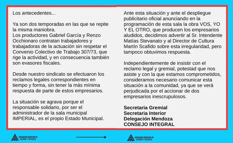 El comunicado que difundi&oacute; la Asociaci&oacute;n Argentina de Actores y Actrices.